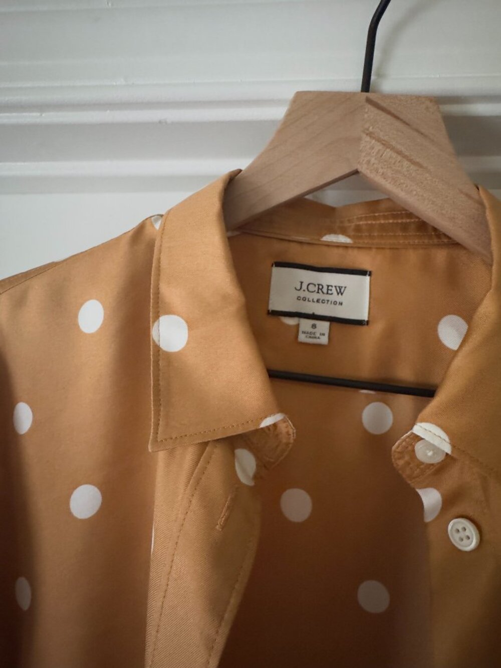 Silk Blouse JCrew Collection Button up Sz 8 Camel white dots